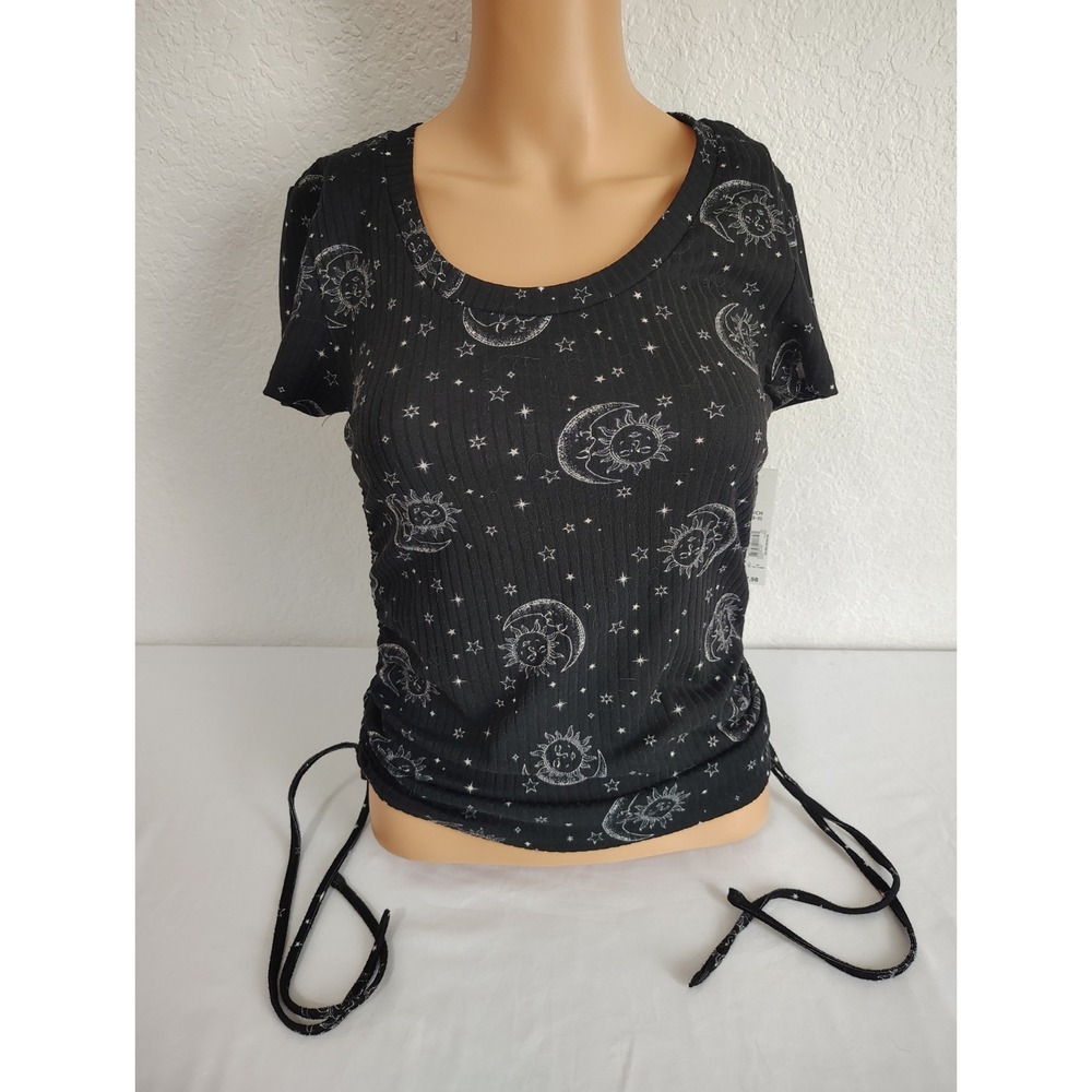 No Boundaries Drawstring Sides Black Ribbed Celestial Shirt - Size S - NWT